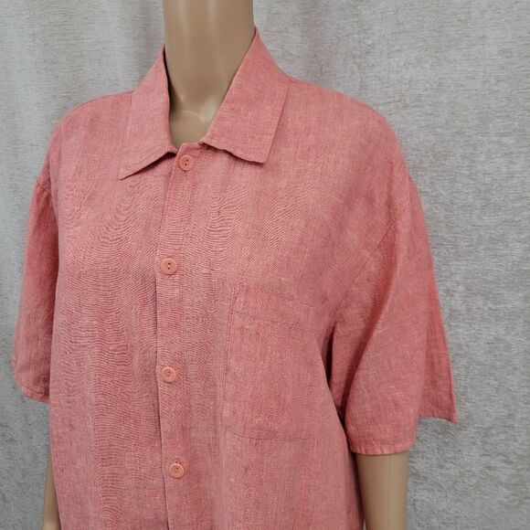 Flax Pink Salmon Linen Casual Button Up Shirt Top Blouse Oversized Small - Picture 2 of 9
